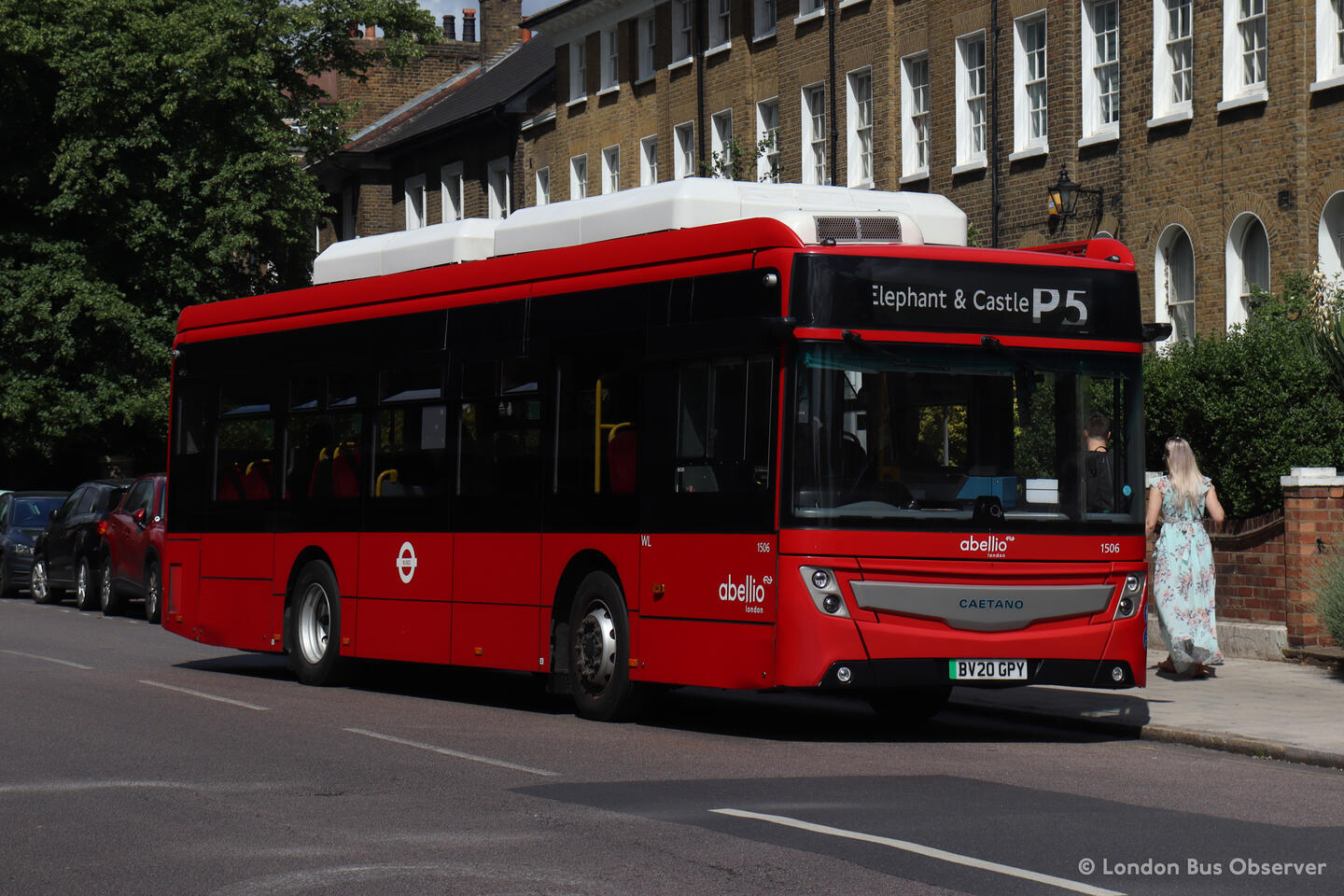 Abellio London 1506 (BV20 GPY), a red Caetano e.City Gold, photographed in Stockwell operating a P5 service to Elephant & Castle.