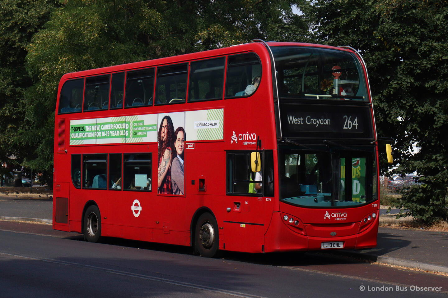 Arriva London T279 (LJ13 CHL), a red ADL Enviro400 pictured in Mitcham operating a 264 service to West Croydon.