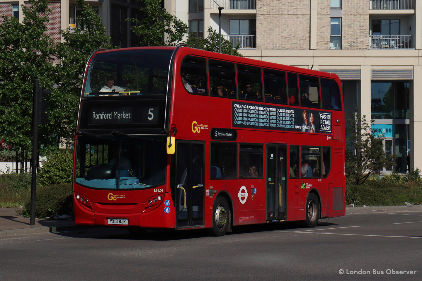 Go-Ahead London EH24 (YX13 BJK), a red ADL Enviro400H pictured in Canning Town operating a 5 service to Romford Market.
