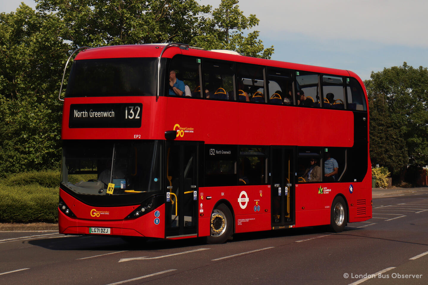 Go-Ahead London EP2 (LG71 DZJ), a red BYD/Alexander Dennis Enviro400EV City pictured in Kidbrooke operating a 132 service to North Greenwich.