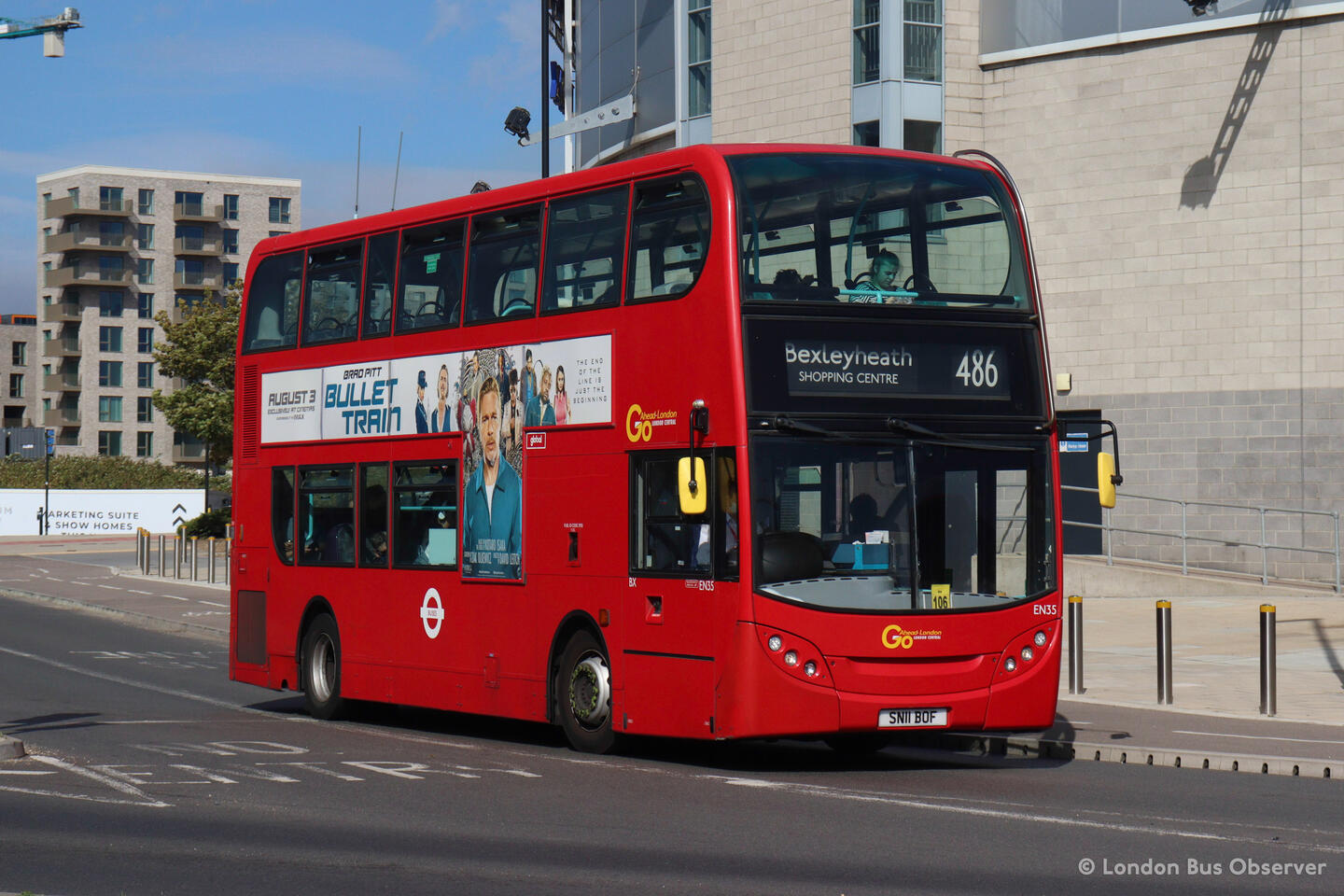 Go-Ahead London EN35 (SN11 BOF), a red ADL Enviro400 pictured in Greenwich operating a 486 service to Bexleyheath, Town Centre.