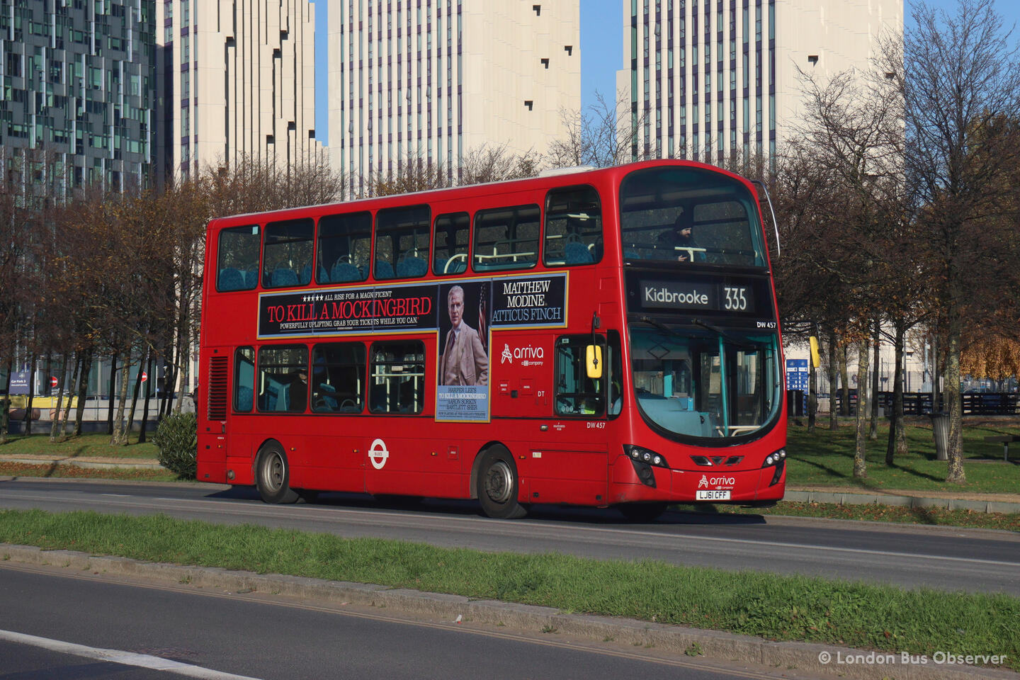Arriva London DW457 (LJ61 CFF), a red Wright Gemini 2-bodied VDL DB300 pictured in Greenwich Peninsula operating a 335 service to Kidbrooke.