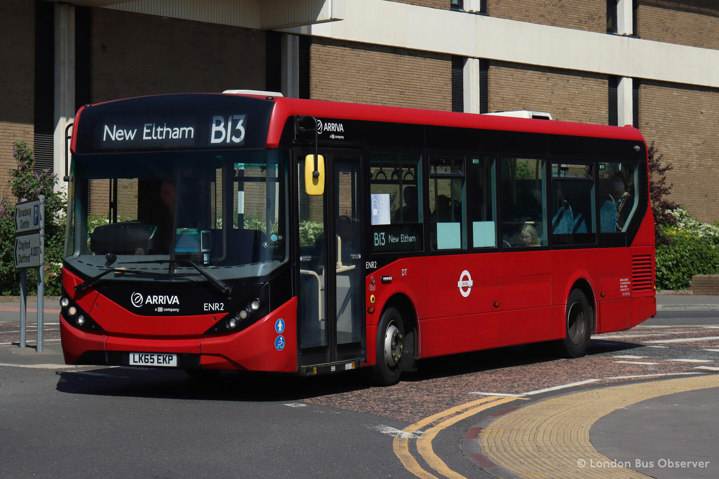 Arriva London ENR2 (LK65 EKP), a red ADL Enviro200 MMC pictured in Bexleyheath operating a B13 service to New Eltham.
